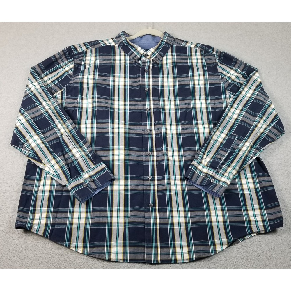 George Button Up Shirt Men 3XL XXXL Blue White Plaid Long‎ Sleeve Stretch Career